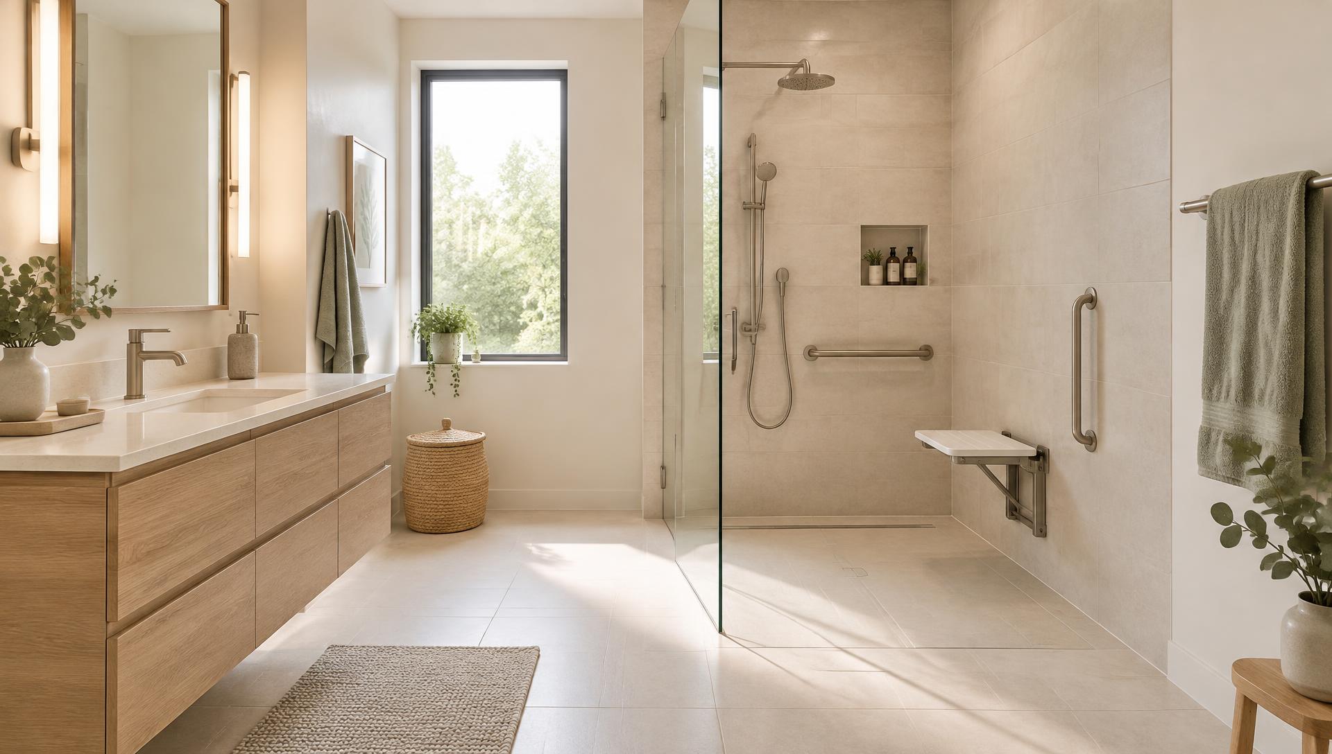Helles, modernes Badezimmer mit bodengleicher Dusche, Haltegriff und Klappsitz